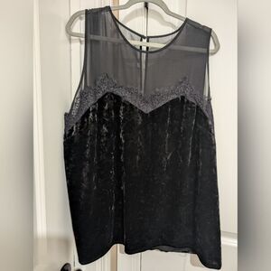 Lane Bryant Black Velvet Tank Top 22/24 Sheer Mesh Neckline Lace Trim Plus Size
